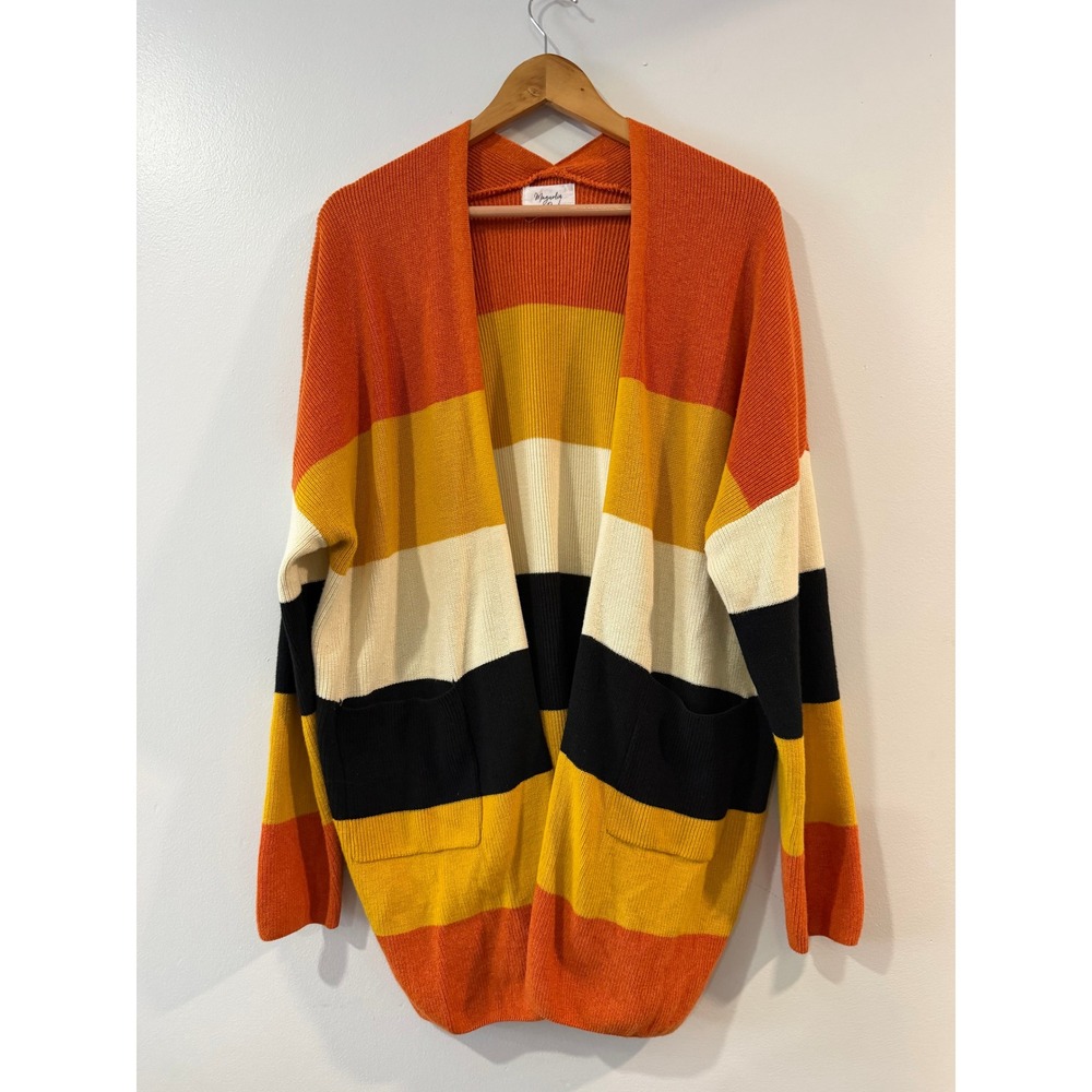 Magnolia Park Womens Plus One Size Striped Open Front Cardigan Orange Yellow